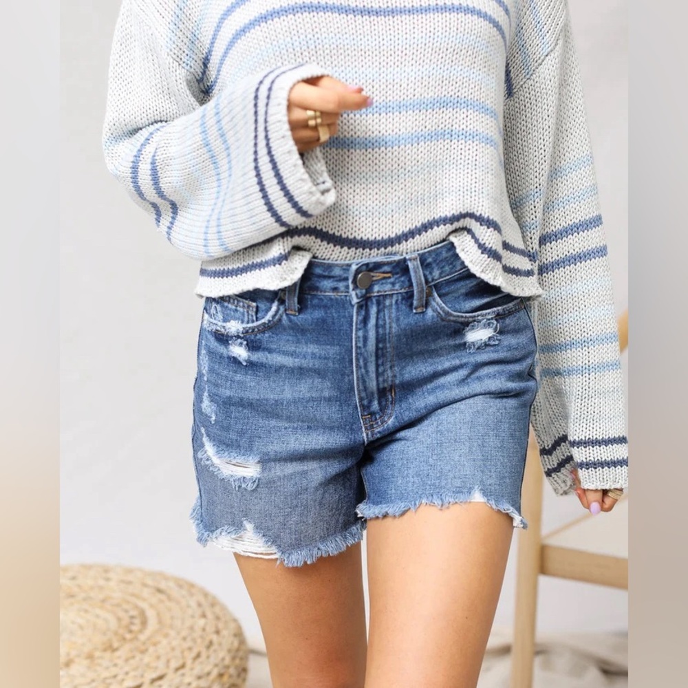 JBD Just Black Denim high, waisted, distressed, raw hem denim shorts,  medium